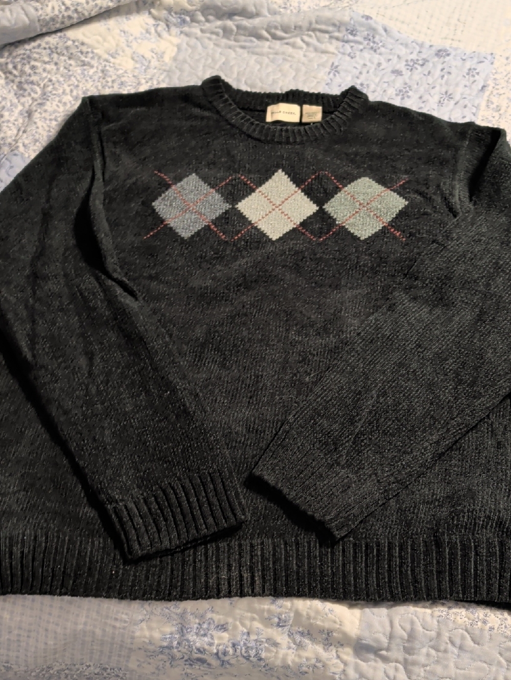 Falls Creek Men's Black Crewneck Sweater with Argyle Chest